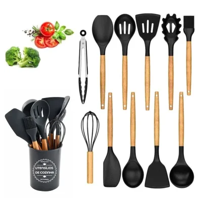 Kit Premium 12 Utensílios de Cozinha em Silicone e Cabo de Madeira
